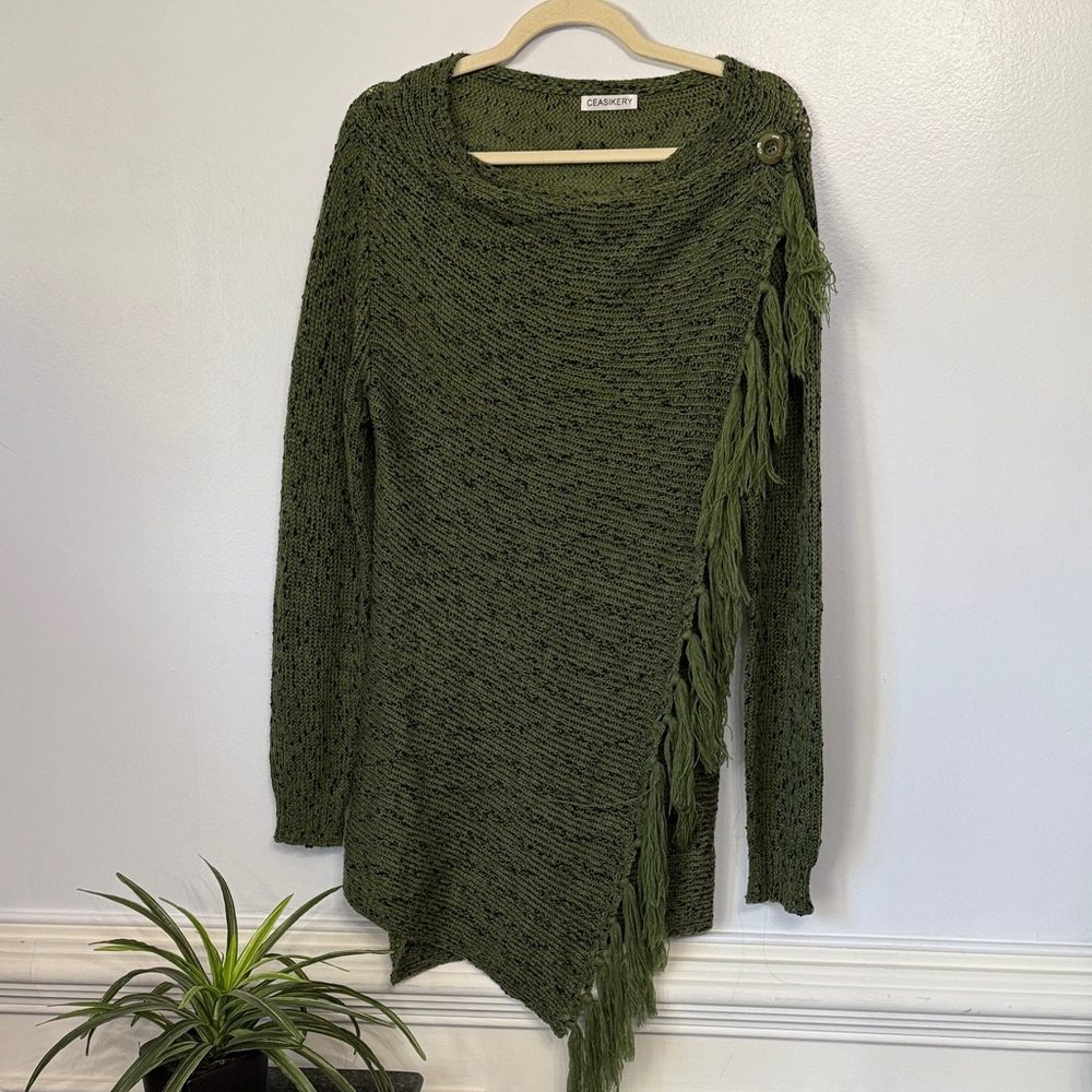Ceasikery Green Asymmetrical Long Sleeve Tassel Knit Sweater L